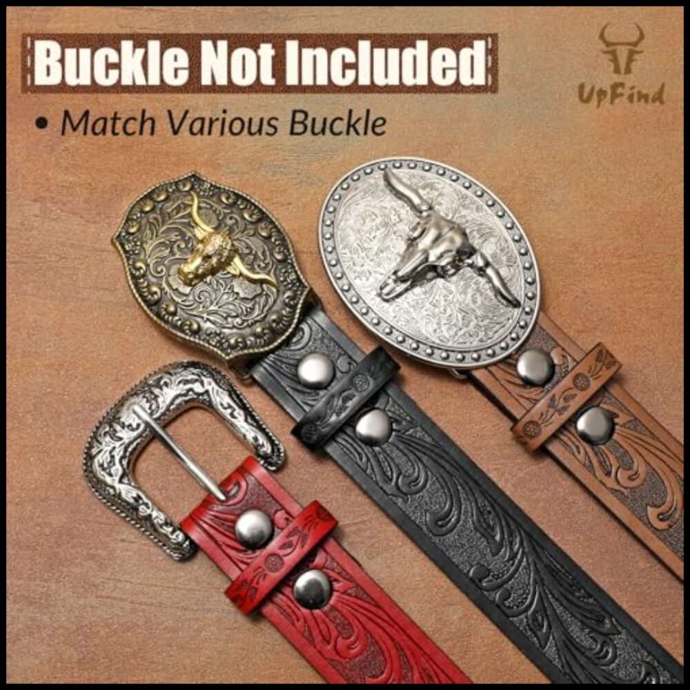 Western Leather Belt Strap Floral Embossed Faux Leather Snap Closure - Picture 3 of 7